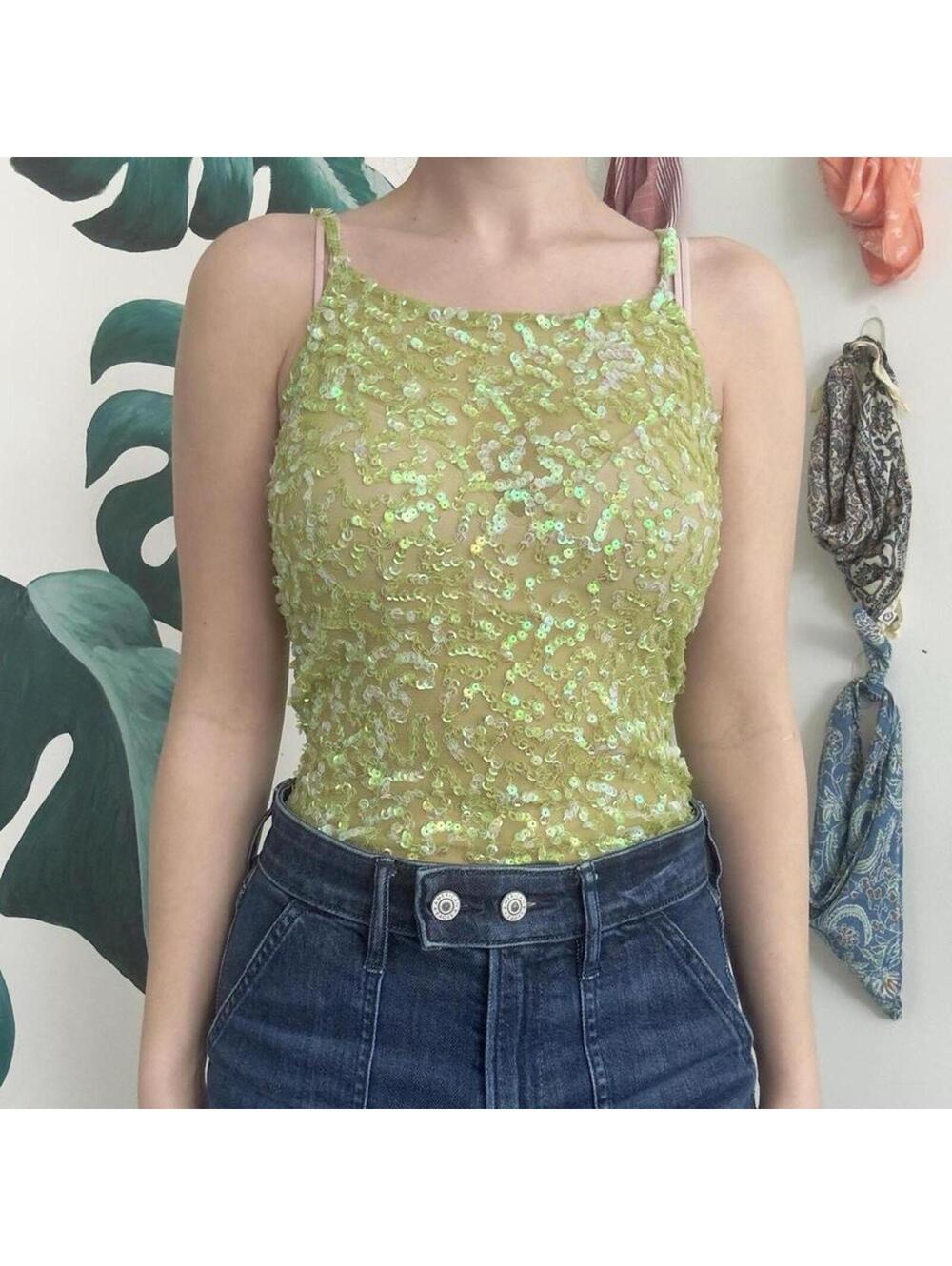 Y2K Green Sequin Mesh Fairy Top